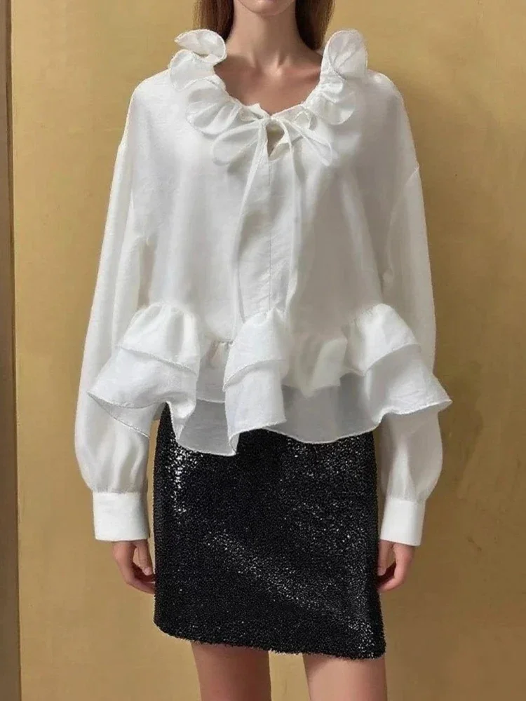 

Корейская шикарная однотонная женская рубашка, темпераментные свободные женские топы с рюшами на воротнике, бандажные универсальные блузки 2025 Blusas Mujer De Moda