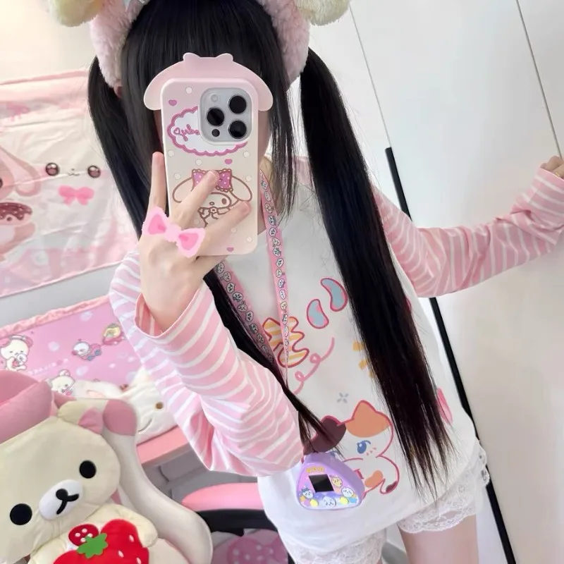Japanische Patchwork Rosa Streifen Casual T-shirt Herbst Cartoon Druck Harajuku Tops Grunge Kawaii Nette Y2k Ästhetischen T-shirts