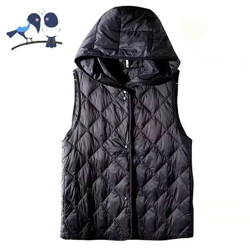 2024 New White Down Cotton Vest Jacket Women Hooded Sleeveless Padded Vest Outer Wear Autumn Winter Vests Female Waistcoat Coat