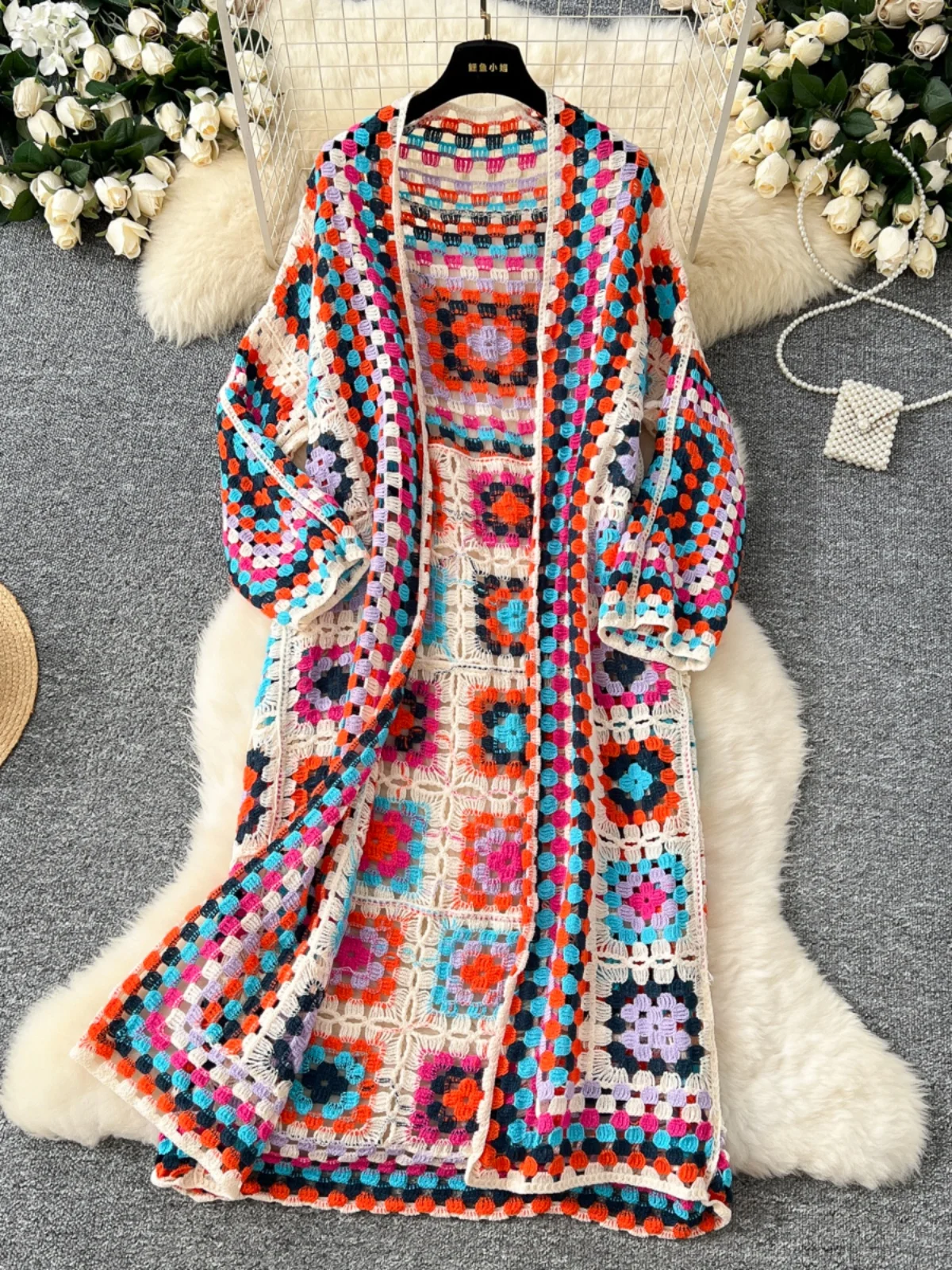 

Женский вязаный кардиган средней длины с вышивкой и ажурным цветочным узором, универсальный, от n Vaion Sle