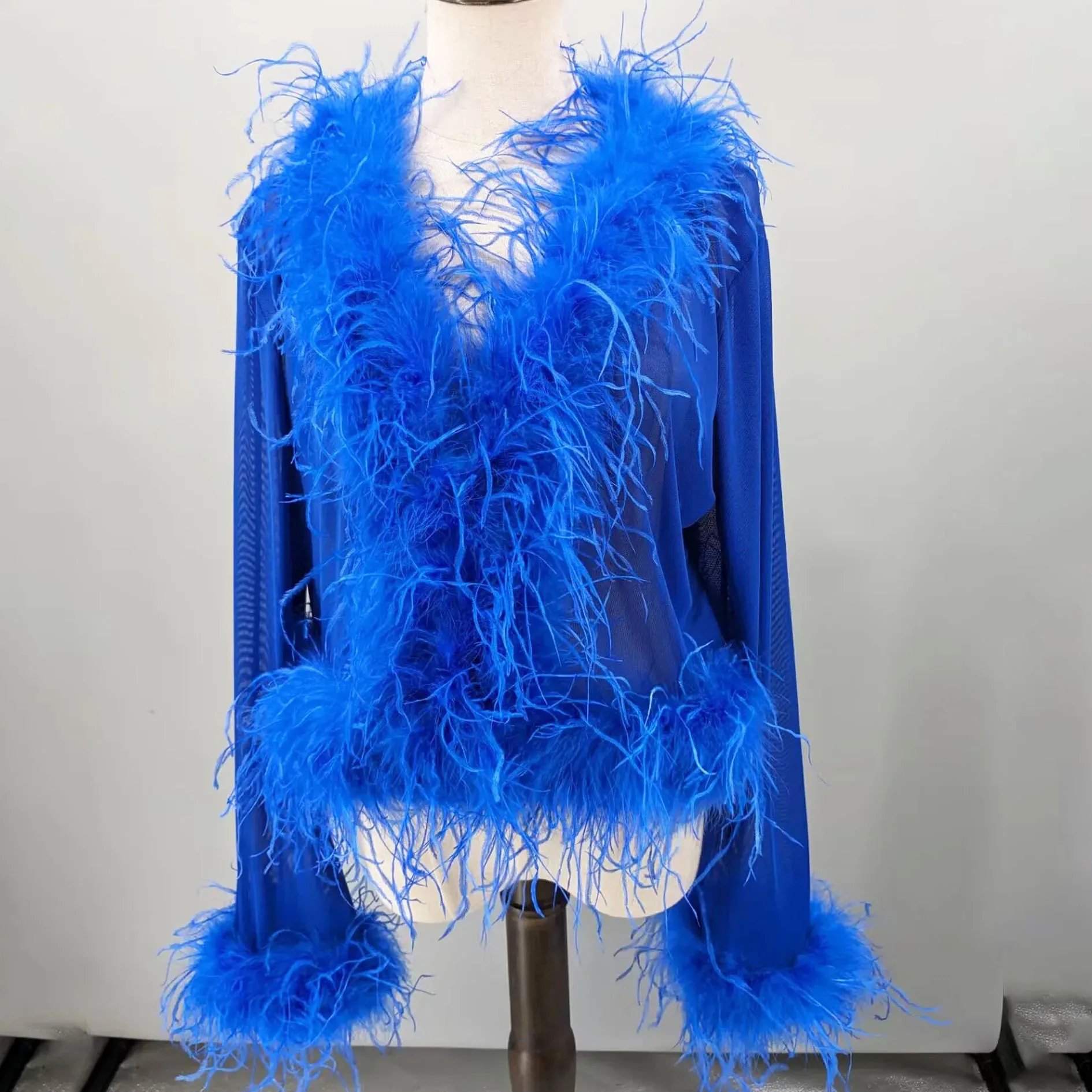 Women See-Through Top with Real Ostrich Feather Brown Black Cropped Jacket Top Bolero 240711