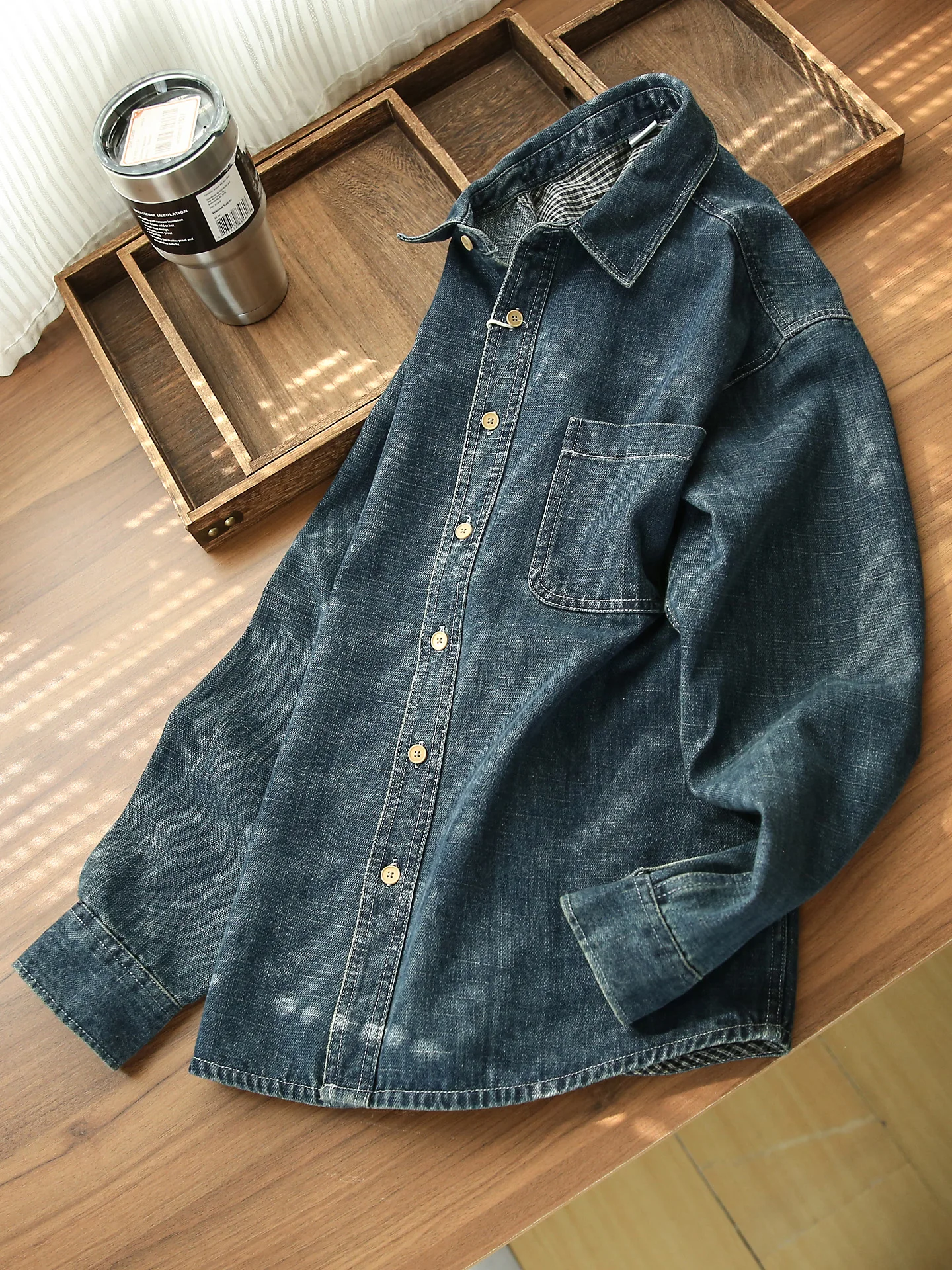

Retro American Sle Denim irt Men's Loose Long Sve Waed Outwear Casual irt Cotton Polyester Blend Warmth for Autumn