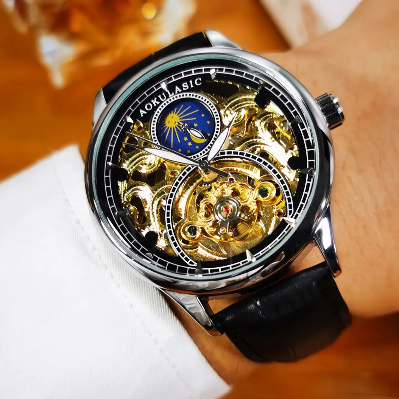 AOKULASIC Tourbillon Mens Watches Top Brand Luxury Skeleton Automatic Mechanical Watch Casual Leather Strap Sun Phase Male Clock