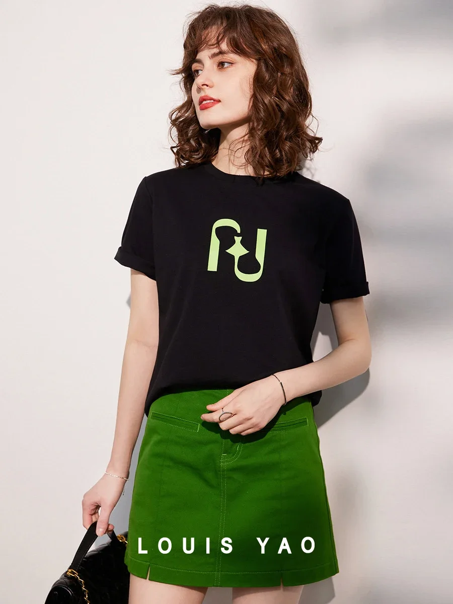 

LOUIS YAO Women Tee 2024 Summer Short Sleeve Casual 100% Cotton T-shirt Round Neck Print Loose Fashion Basic Green Black Tee Top