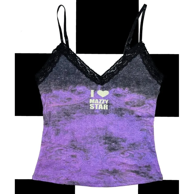 

Euramerican New Popular Gradient Tie Dye Camisole Y2k Aesthetic Fasion French Spliced Lace Soft Thin Tank Tops Harajuku Tees