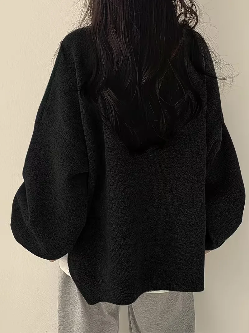 Women Loose Knit Sweater O Neck Lantern Long Sleeve Side Slit Oversized Black Pullover Casual Fall Winter Knitwear