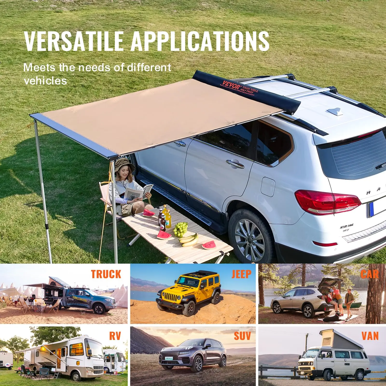 Vehicle Awning 4.6'x6.6' Roof Rack Pull-Out Sun Shade UV50+ PU3000mm, Retractable Weatherproof 4x4 Side Awning for SUV