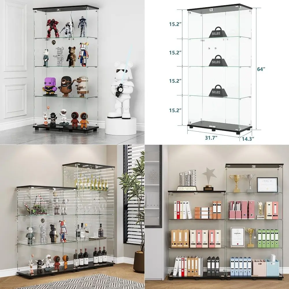 Display Cabinet with 4Shelf Double Doors and Lock, Curio Cabinet 5mm Tempered Glass Floor Standing Bookshelf for Living Room, B
