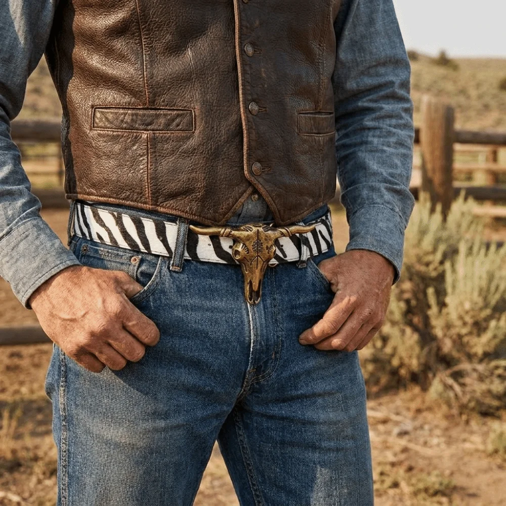 Western Bull Skull Buckle Leather Belt Zebra Print Luxury Design Rivet Embossed Belt 3.8cm Wide Trendy Brand Cowboy Waist Belt