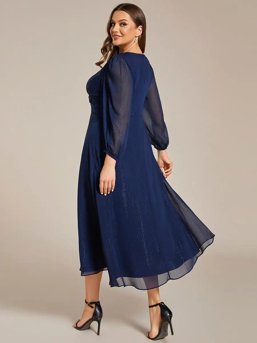 Plus Size Evening Dresses Deep V Neck Long Sleeve Knee-Length 2024 Ever pretty of Shiny Chiffon  Navy Blue Wedding Guest Dresses