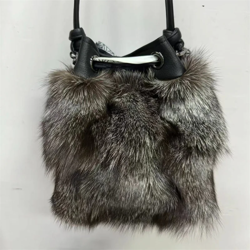 Fashion Winter Furry Bag Real Silver Fox Fur Handbags For Women