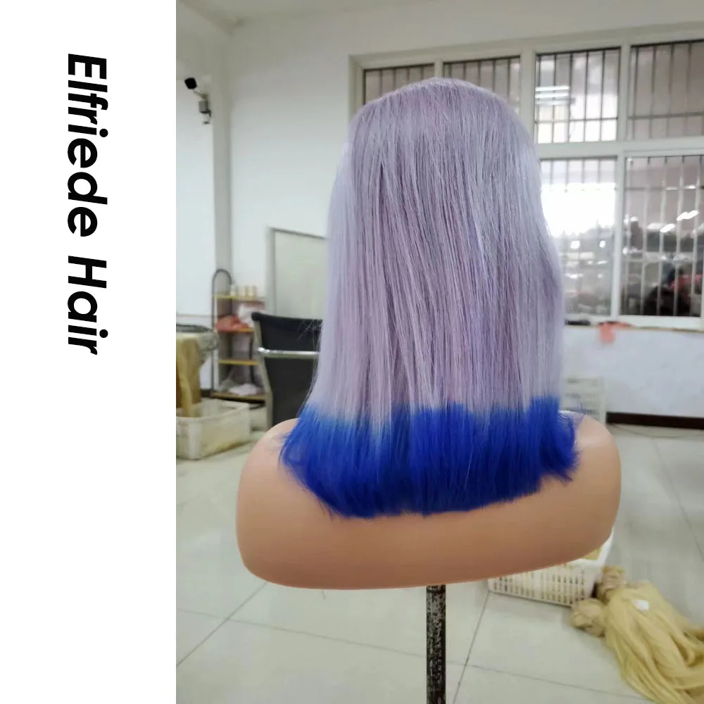 Elfriede wig rambut Bob berwarna biru abu-abu Ombre wig rambut manusia 4x4 penutup renda 13x4 13x6 wig rambut Bob pendek Frontal renda untuk wanita