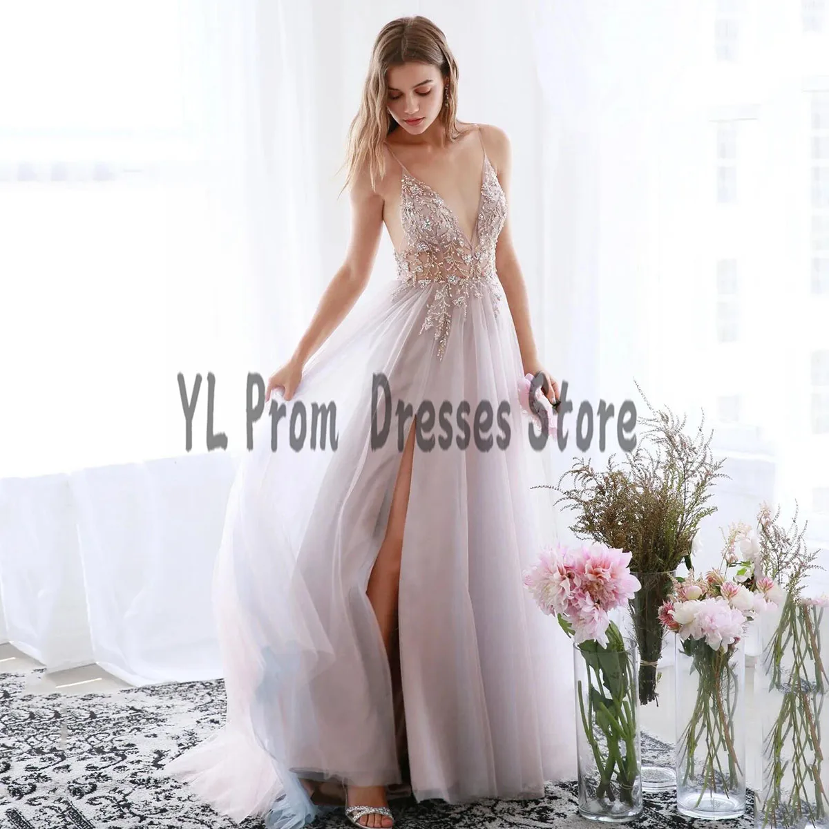 YL-vestidos de noche con cuello de pico profundo, vestido de fiesta Rosa polvoriento, con abertura, tren de barrido, Cuentas, cristales, línea A, para invitados de boda