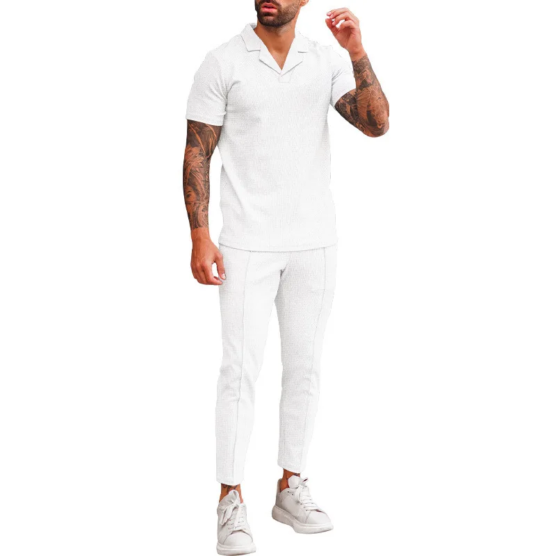

2025 foreign trade cross-border summer new waffle V-neck casual lapel shirt men's short-sleeved trousers suit men's clothing