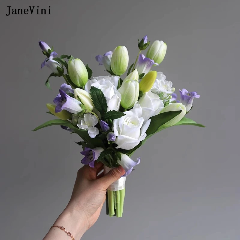 

JaneVini Charming Purple Flowers Korean Bridal Holding Bouquets Artificial White Silk Roses Tulips Outdoor Wedding Bride Bouquet