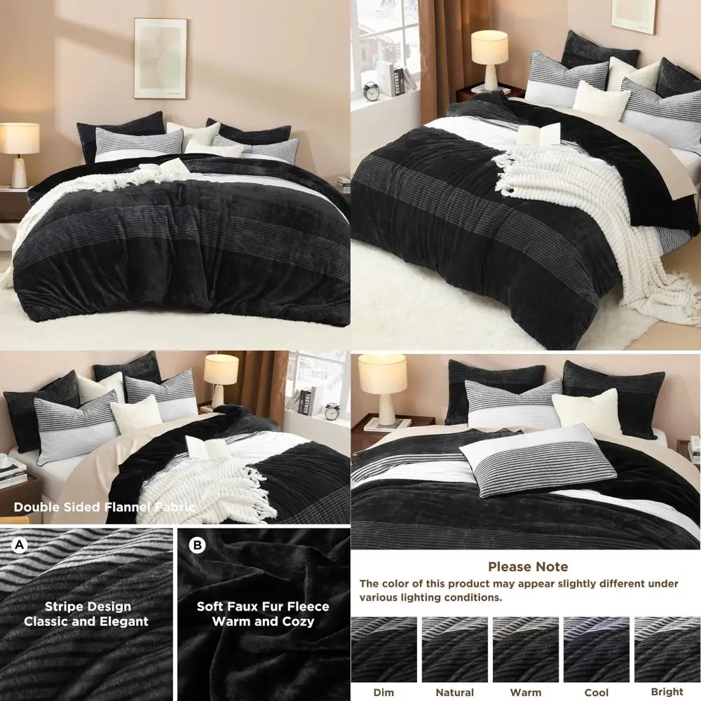 

Плюшевый комплект постельного белья Queen с полосками, мягкий пушистый черно-белый комплект, теплый ворсистый комплект из искусственного меха на все сезоны (1 одеяло, 2 наволочки)