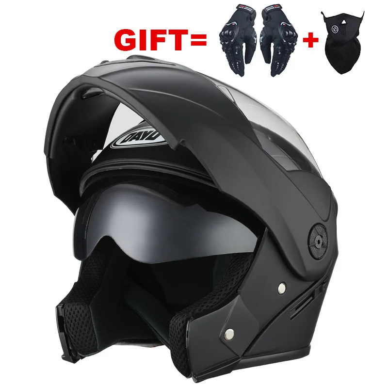 Helm Sepeda Motor Modular Balap Flip Up Diakui DOT Helm Sepeda Motor Motocross Dual Lens Full Face Perlindungan Ganda Hitam