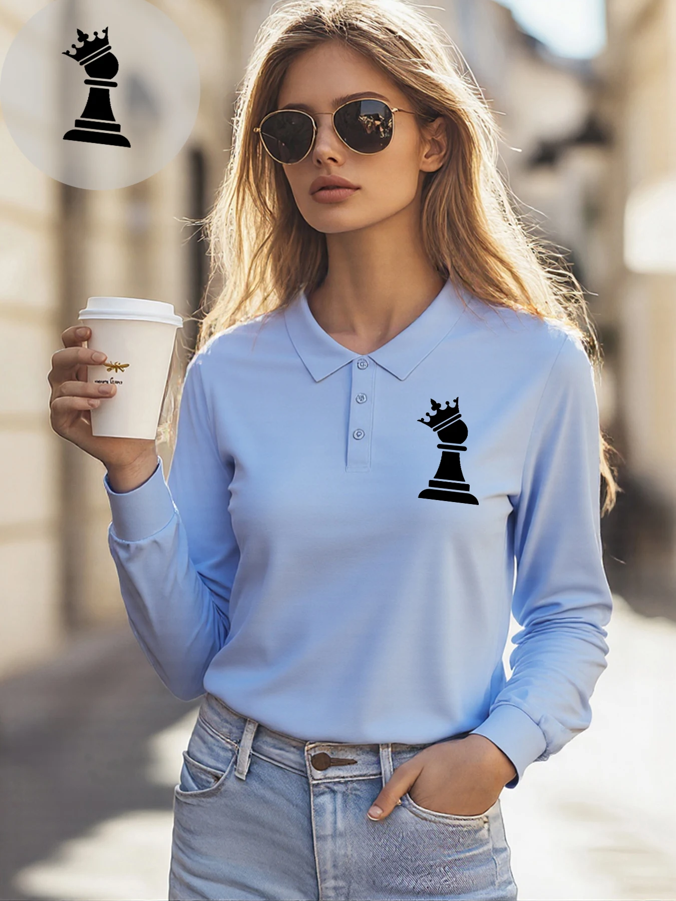 

Рубашка-поло с простым узором в виде шахматной короны, женские осенние рубашки для гольфа, удобная культура, женская спортивная одежда, хип-хоп, команда с длинными рукавами