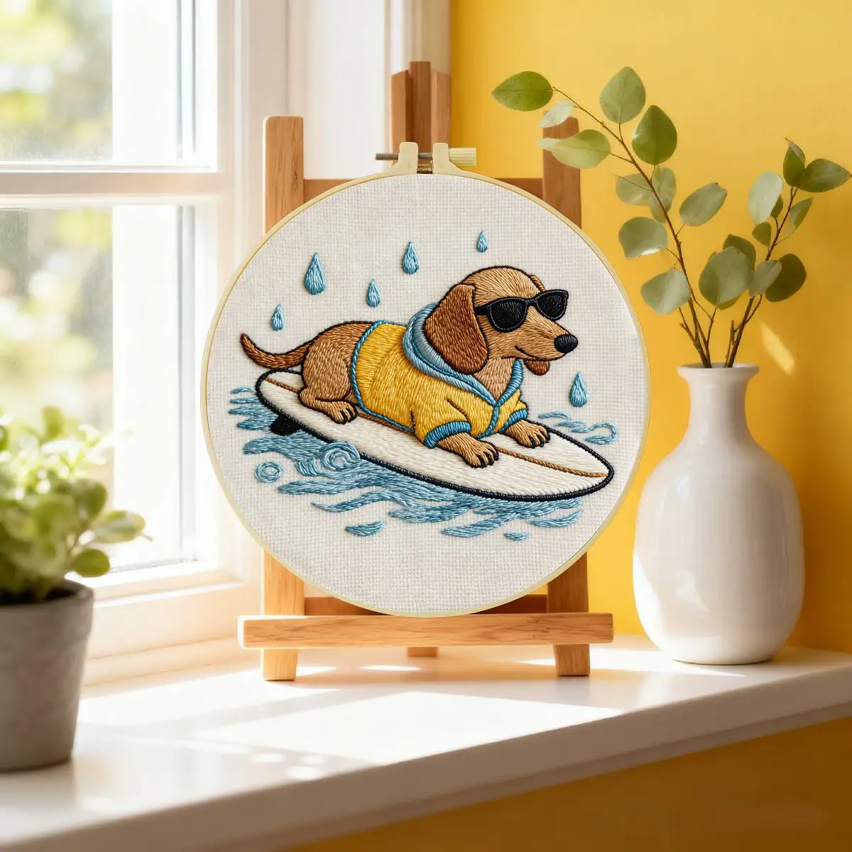 1 Stück 20x20cm/15x15cm 7,87/6,3 Zoll Hund beim Surfen Stickerei-Starter-Kit DIY-Kit DIY-Stickerei-Set für Anfänger – Detail 1