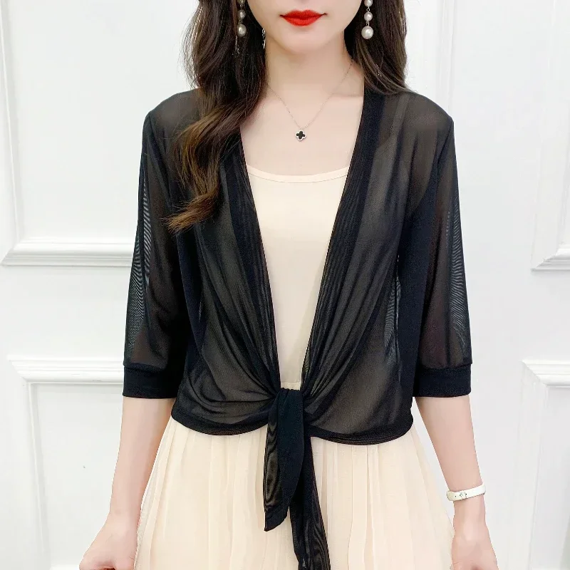 

Summer Sunscreen Chiffon Jacket Women Short Sexy Thin Casual Outerwear Womens See Through Clothes Kimono Jacket Cardigan