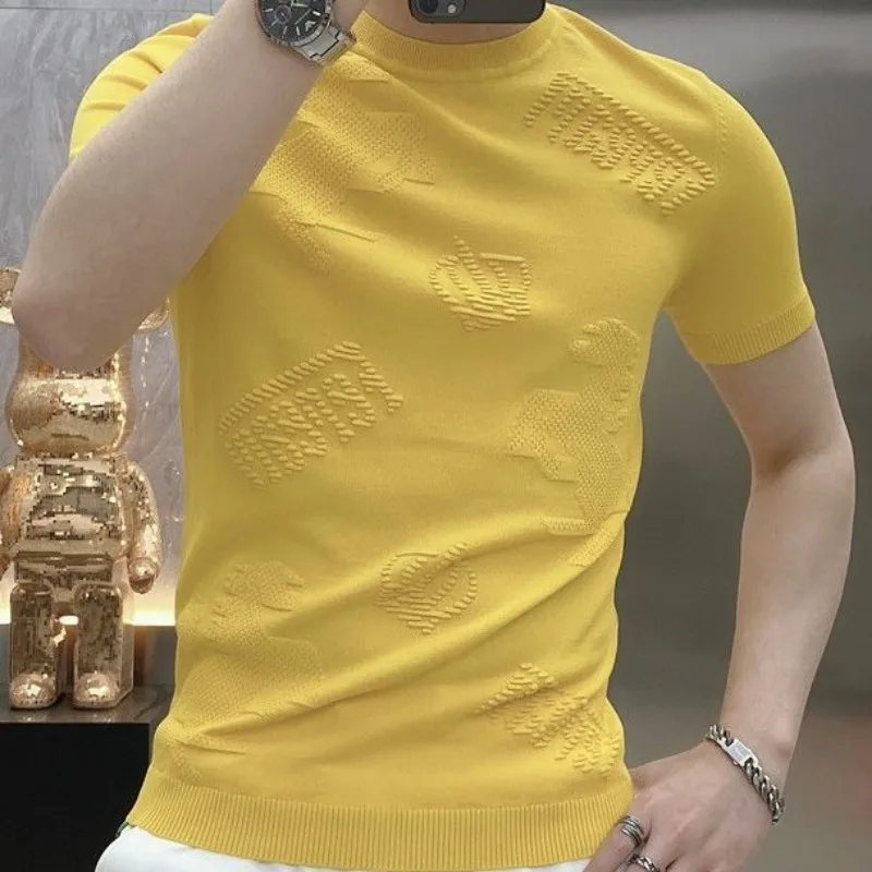 Summer New Jacquard Men's Short-sleeved T-shirt Fashion Trend Slim-fit Round Neck Korean Casual T-shirt Top