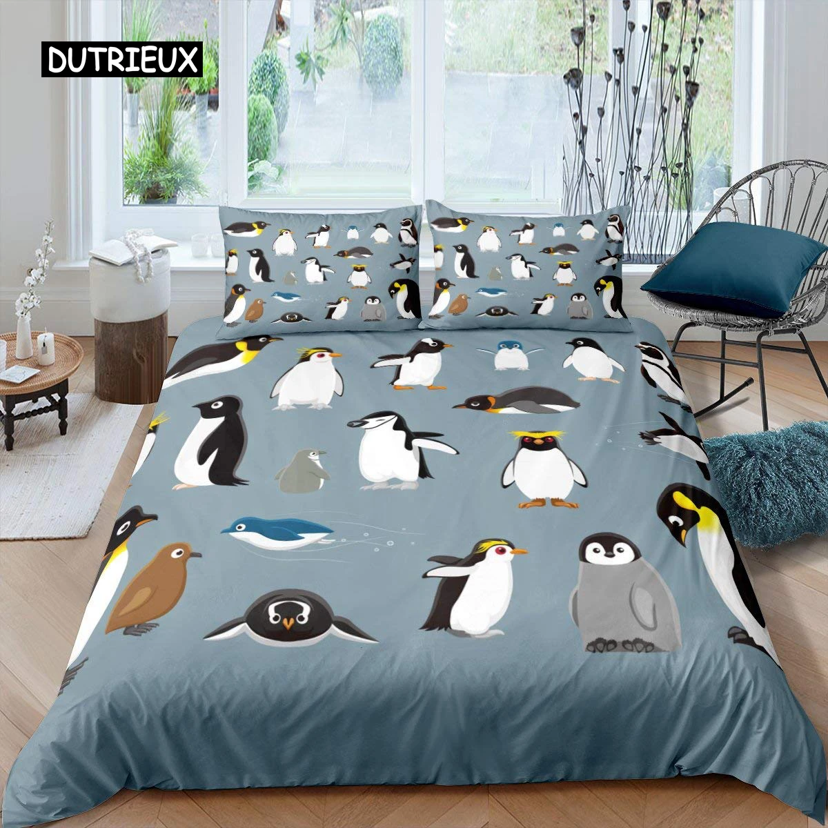 

Penguin Duvet Cover Set Antarctic Animals Bedding Set for Kids Boys Girls Cartoon Style King Size Winter Theme Comforter Cover