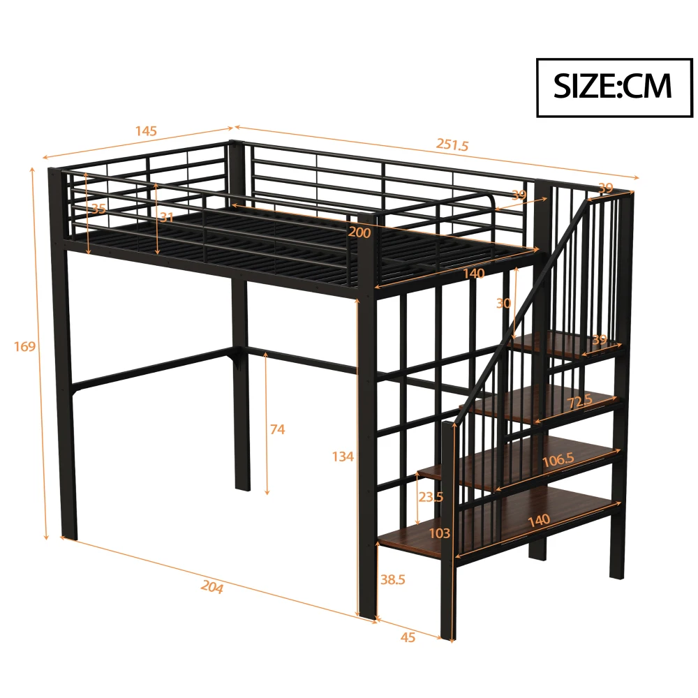 Stabiles Hochbett aus Metall, 90 x 200 cm/140 x 200 cm, mit geräumigem Stauraum unter dem Bett und Treppe für Kinder und Erwachsene, Bettgestelle und -gestelle – Detail 23