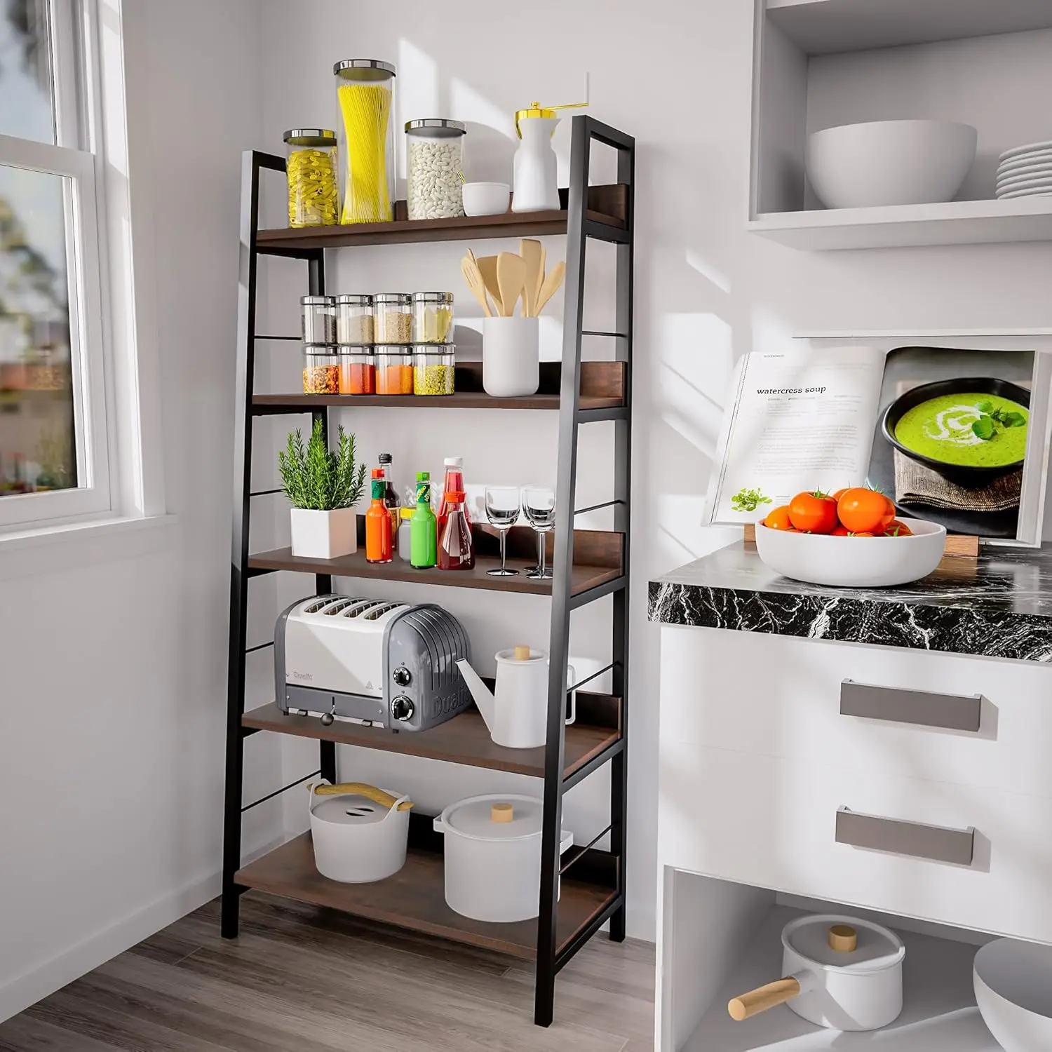 رف كتب سلم مكون من 5 طبقات، رف تخزين أرضي بني ريفي مع إطار معدني، عبوتان لغرفة المعيشة والمكتب المنزلي #4