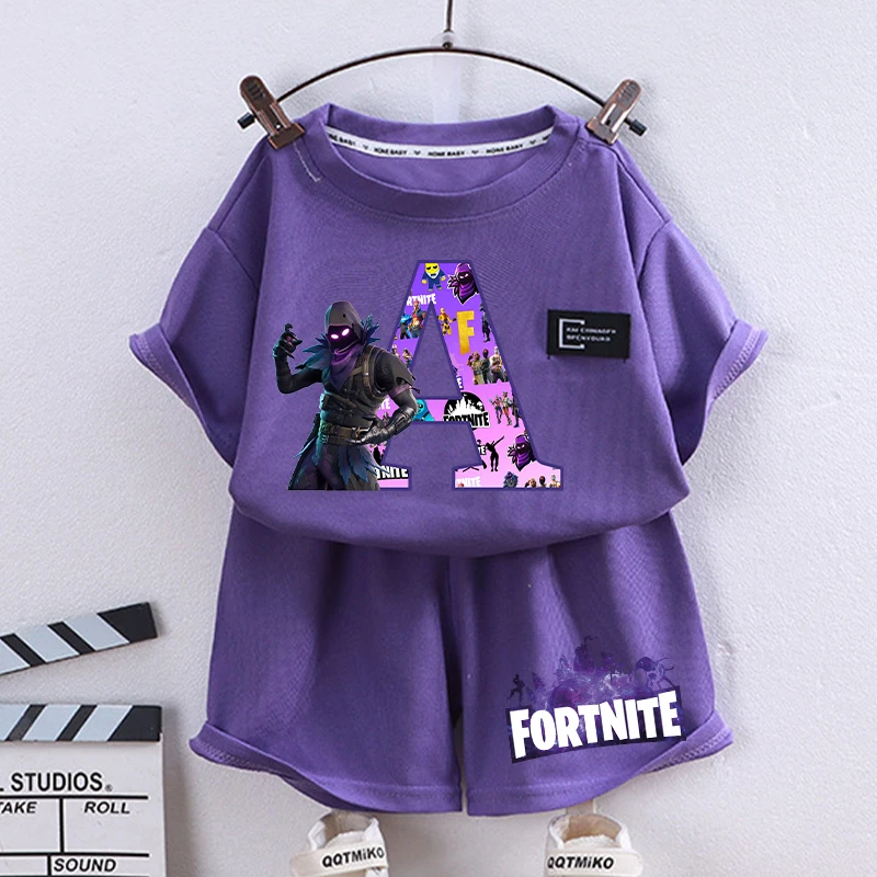 Conjunto de camisetas y pantalones cortos Fortnites para niños, camisetas con estampado de letras de dibujos animados A-Z, chándales informales de verano, ropa para niños, 2 uds.