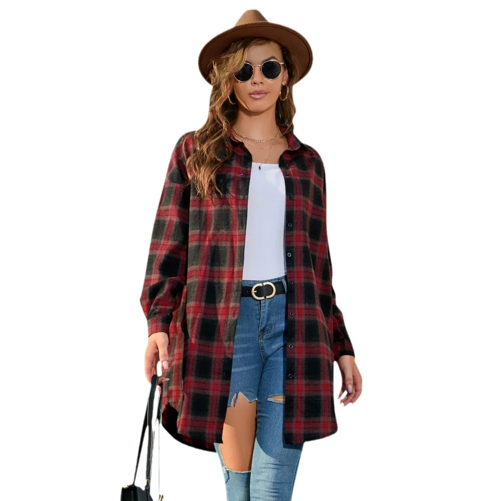 

Shirts & Blouses Large Size Women's Long-Sleeved Plaid Shirt Women's Mid-Length Plaid Shirt American Retro Coat Women Camisas