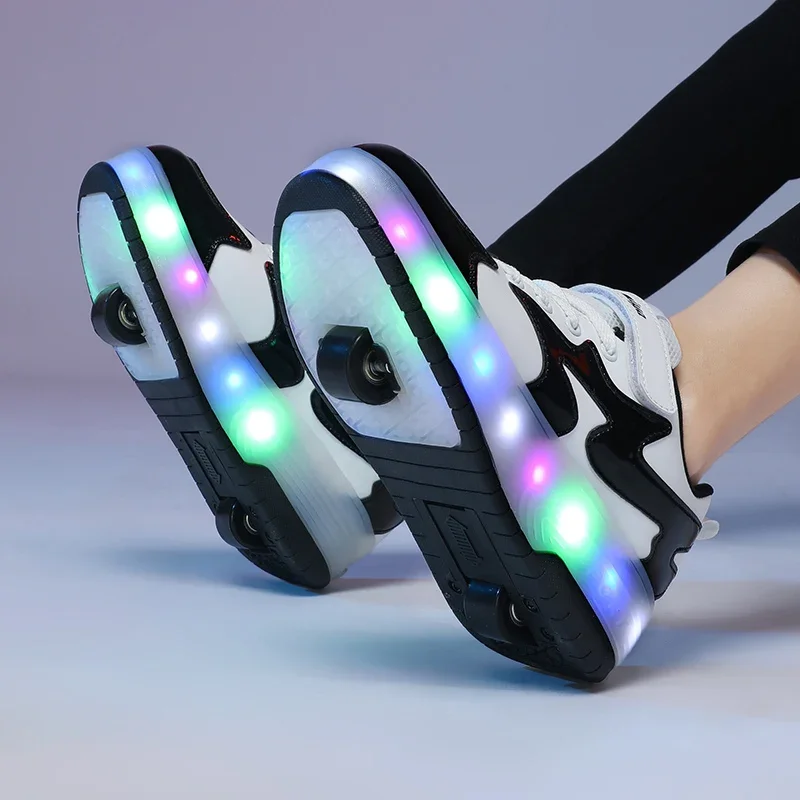 Kids LED usb charging roller shoes glowing light up luminous sneakers with wheels kids rollers skate shoes for boy girls