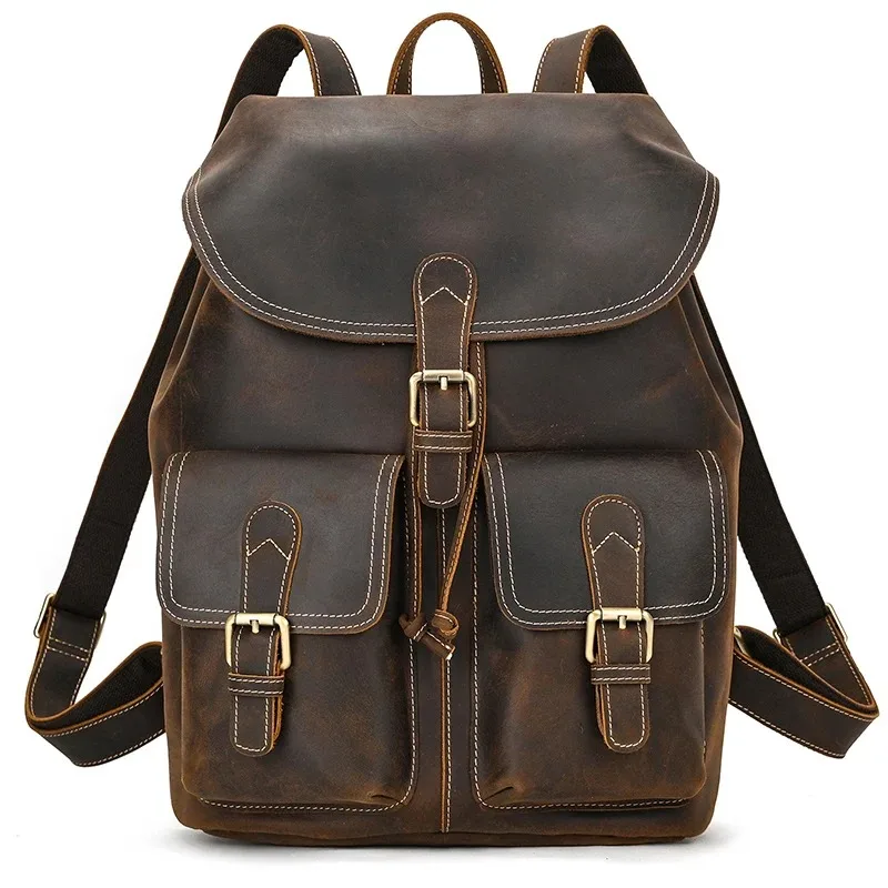 Genuine Leather Backpack Men Vintage Crazy Horse Leather Bucket Daypack Large Capacity Male Travel Backpack School Bags