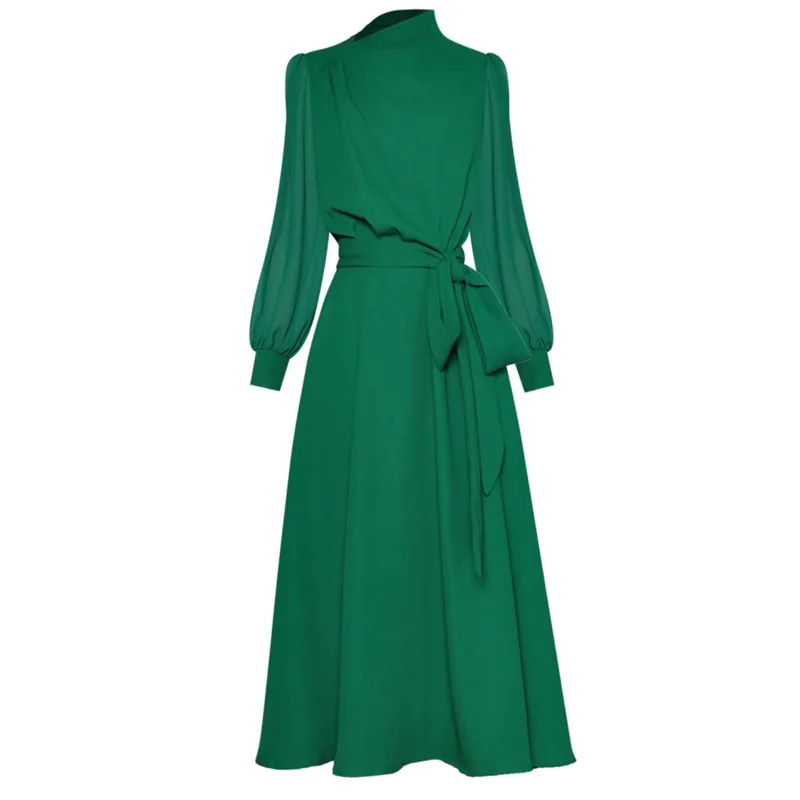 

Women Long Sleeve Green Dress Office Lady's A-Line Dress