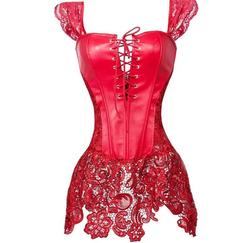 

Leather Corset Lace Dress Corselet Bustier Gothic Sexy Plus Size Costume Burlesque Lingerie Women Brown Black Sexy TCN8