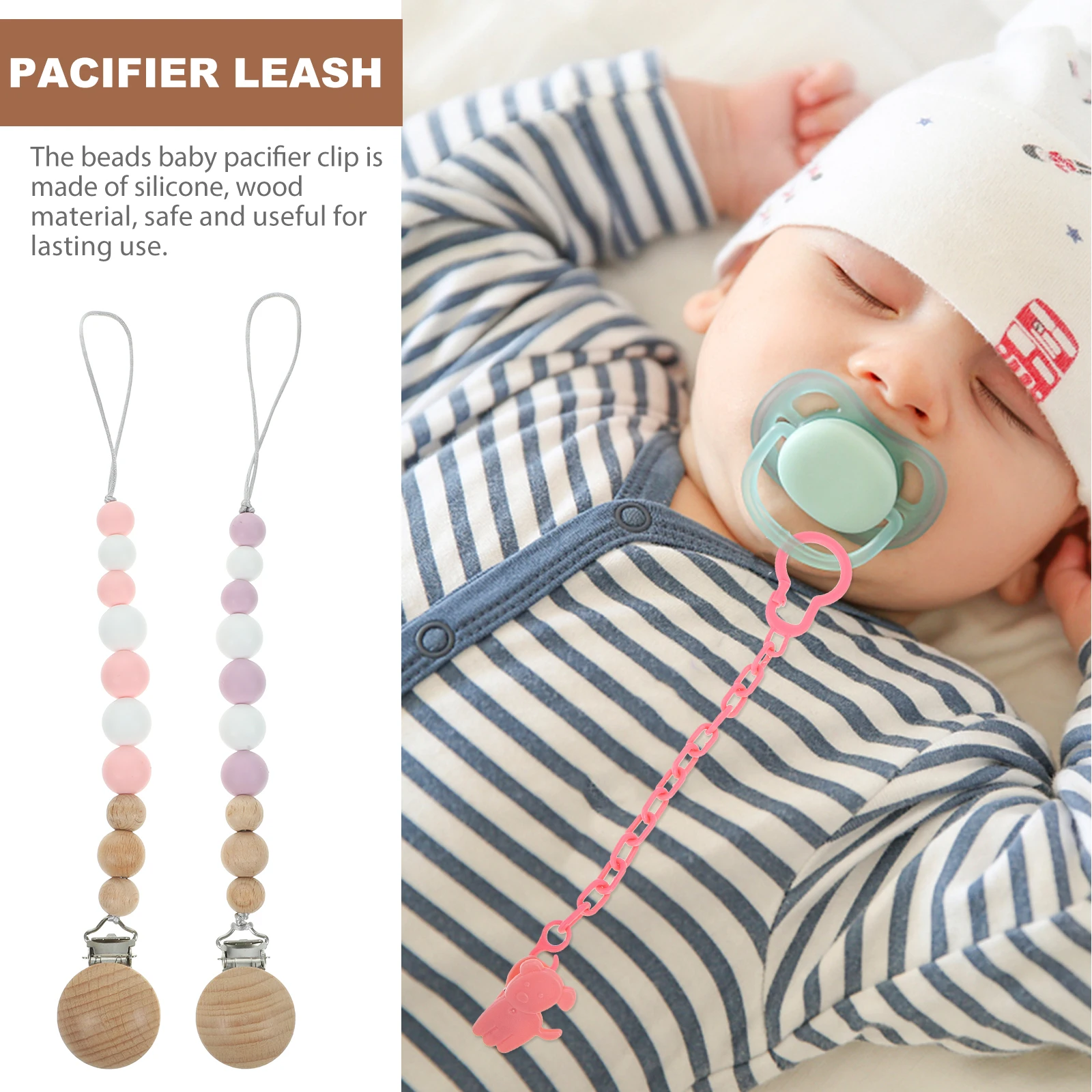 

2 pcs Pacifier Clips Baby Girl Silicone Teether Anti Drop Holder Purple Pink Beaded Chain Wooden Clip Safe Decorative