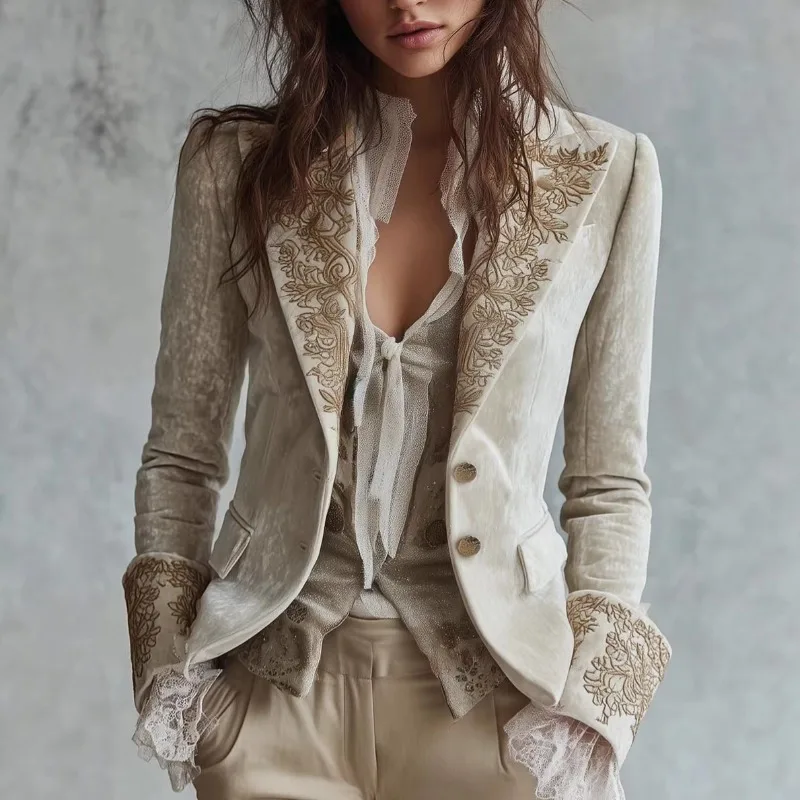 Women's Autumn Spring Blouse Jacket Long-sleeved Suit Corduroy Pocket Printed Lapel Bell Sleeves New Elegance Comfort Minimalist