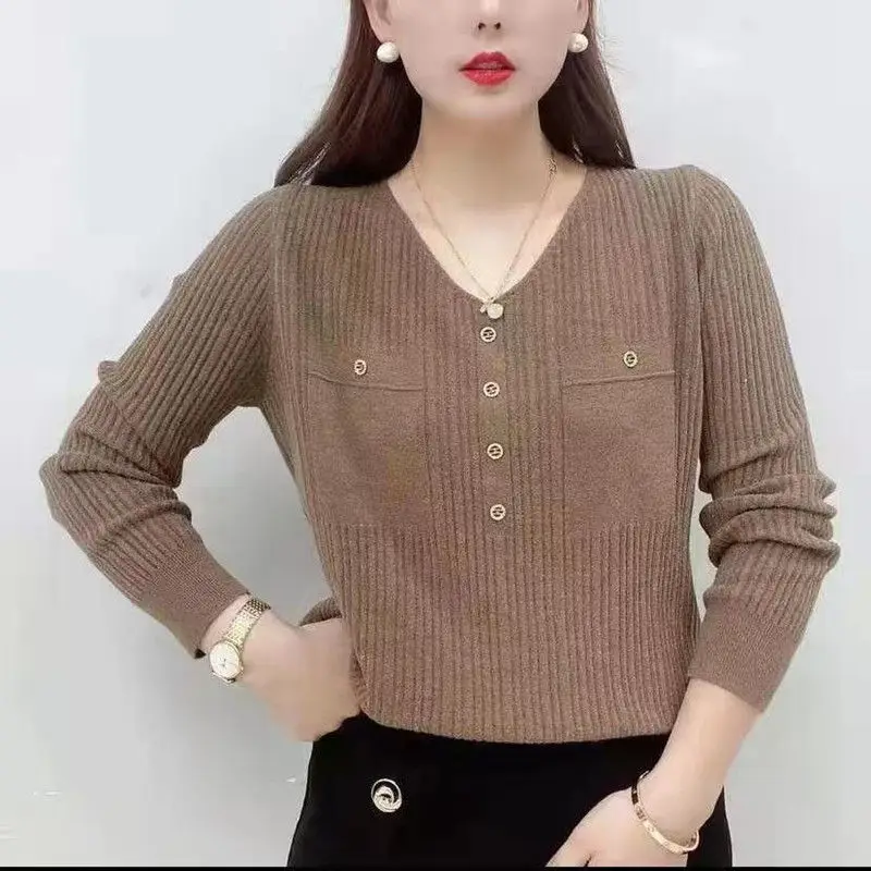 Autumn Fashion Long Sleeve Solid Color Casual Button Shirts 2022 Spring New Loose Women Clothing Commute V Neck Knitting Blouses