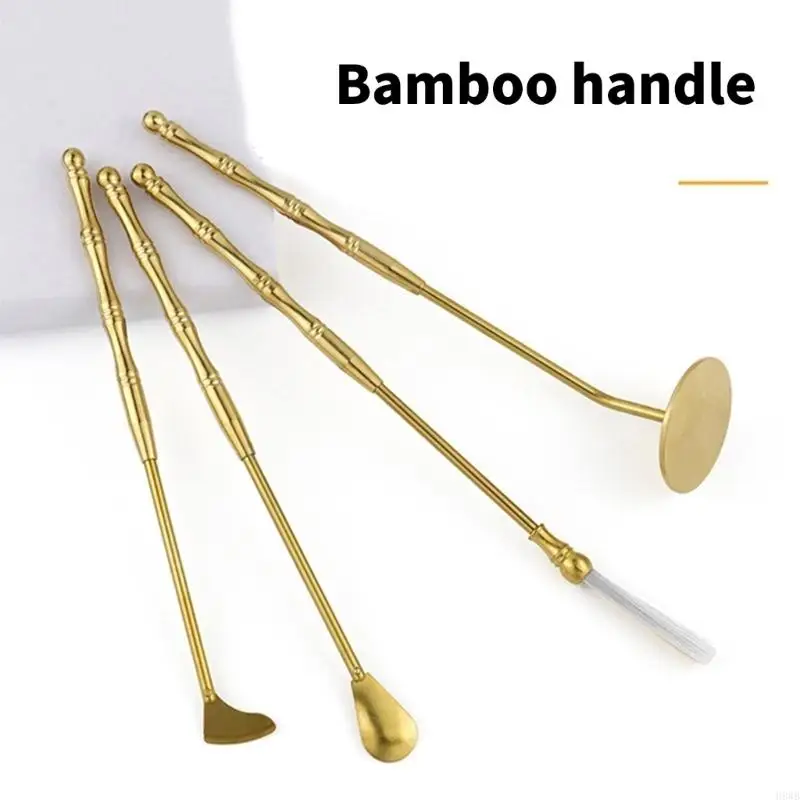 H8WB Handcrafts Incenses DIY Tool Kits 4Pcs Brass Equipment Set with Spoon Shovel Ashes Press Brush Meditations Accessories