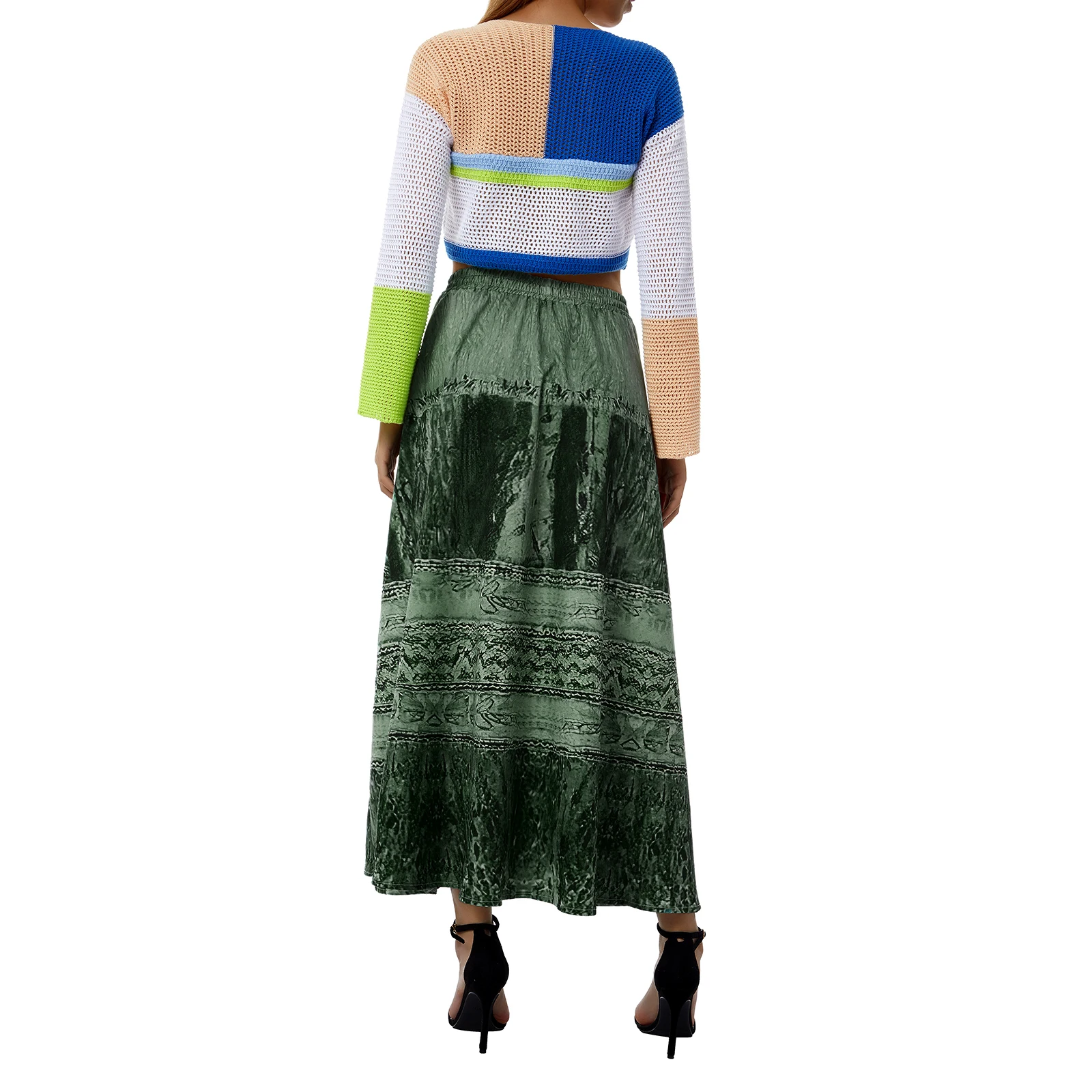 Women Vintage Summer Green Skirts High Waist Tie-Up Long Skirt Beach Style A Line Holiday Grunge Fairycore Skirt Streetwear