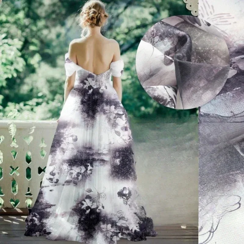 

Ширина 140 см, 12 мм, чернила с цветочным принтом, жесткая шелковая ткань из органзы для классической рубашки, одежды, брюк, швейный материал «сделай сам», D258