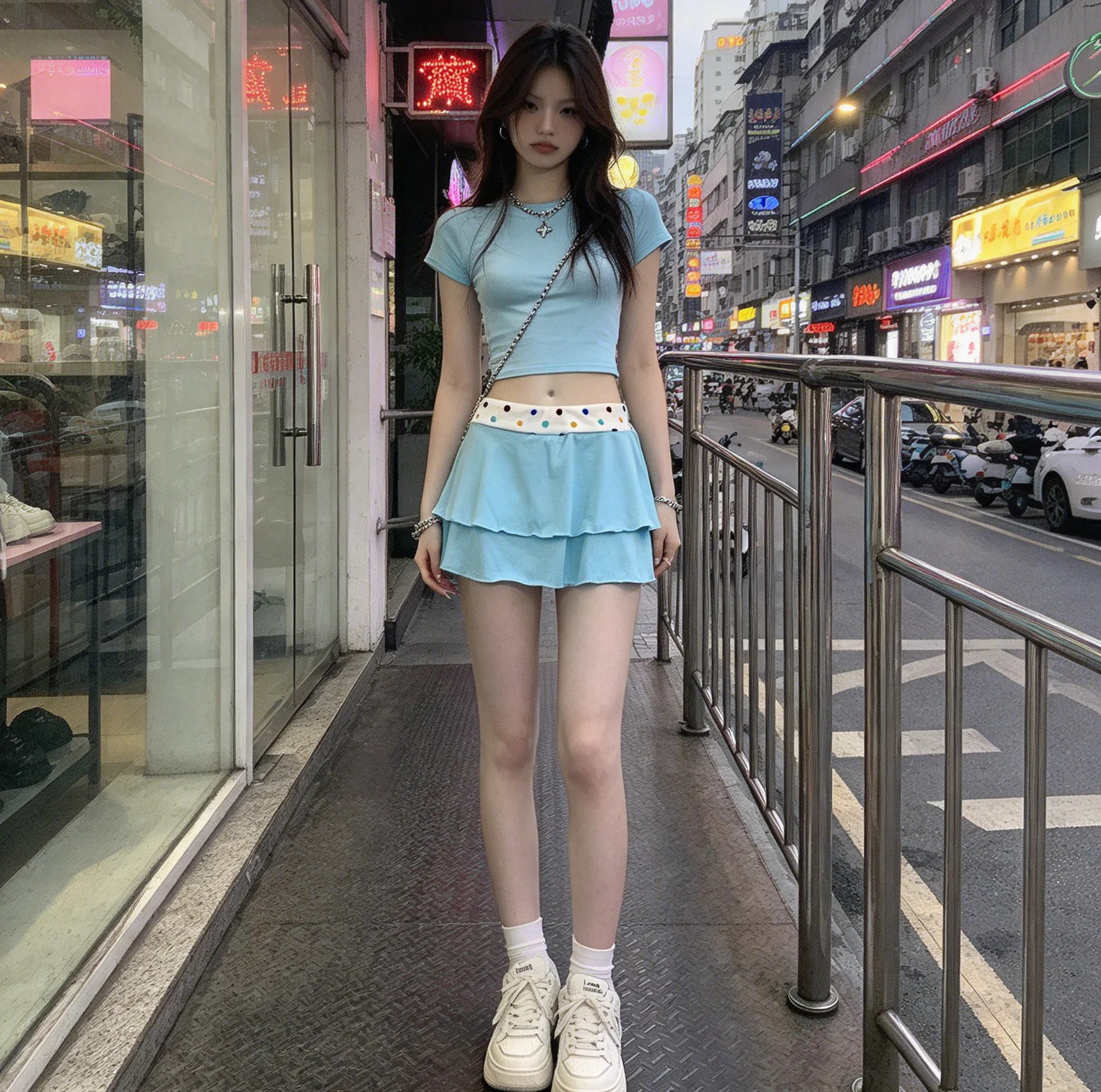 Millennial Retro-style Light Blue Polka-dot Ruffled Skirt With a Sassy, Girl-next-door Vibe