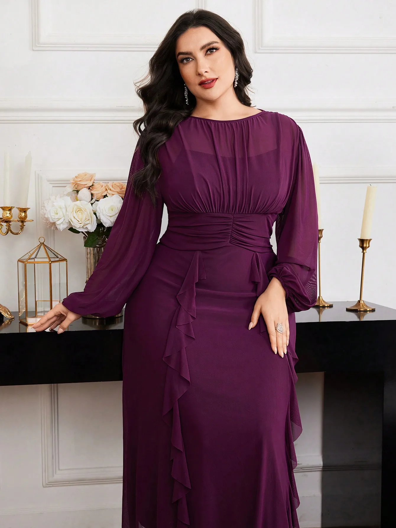 

Elegant Plum Solid Long Sleeve Formal Dress with Ruffle Detail