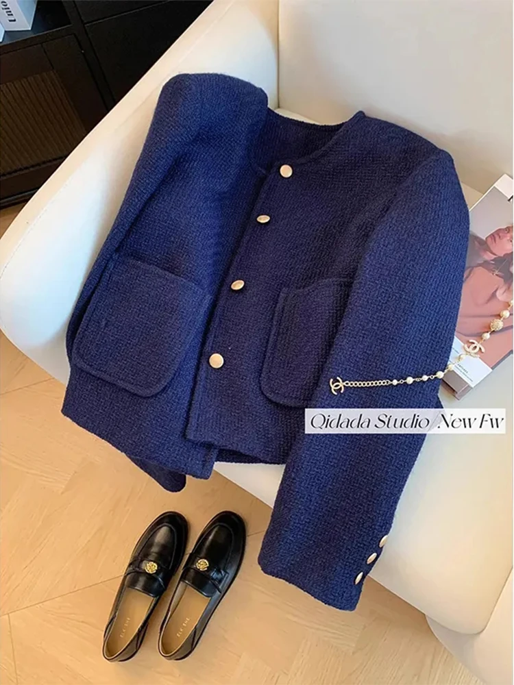 Giacche corte slim in misto lana blu scuro Casual Classic Abrigos elegante monopetto Chaquetas cappotti top donna coreana Jaqueta