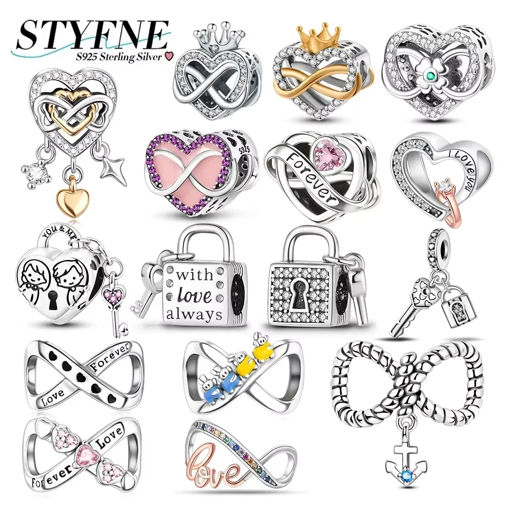 

Exquisite 925 Silver Lock Key Heart-shaped Pendants Loves Infinite Beads Fit Original Bracelet Diy Jewelry Fine Gifts for Women