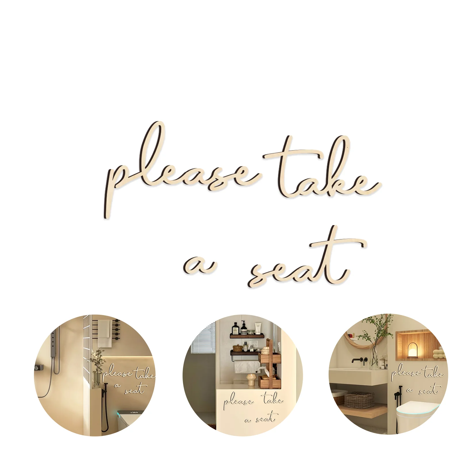Wooden "Please Take a Seat" Bathroom Sign Set - 4-Piece Rustic Wall Decor with Cursive Lettering for Above Toilet