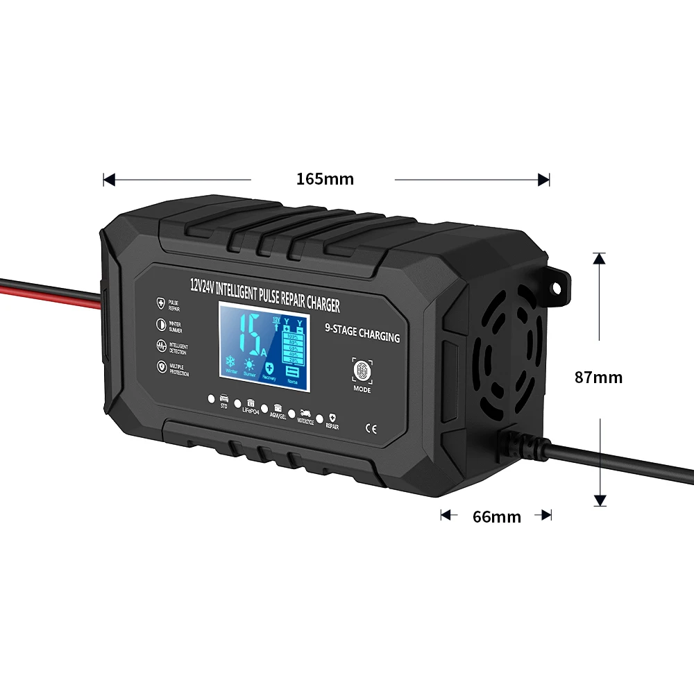 Powerful 12V 15A 24V 8A Battery Charger Smart Fast Charging for Car Batteries 9-Stage Charge Pulse Repair for Lifepo4