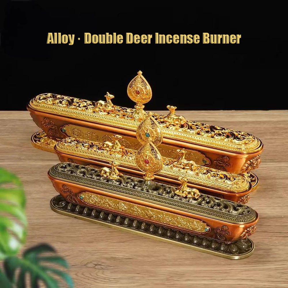 Tibetan Ashtamangala Incense Burner, Nepalese Double‑Deer Incense Holder, Alloy Rectangular Incense Box for Stick Incense
