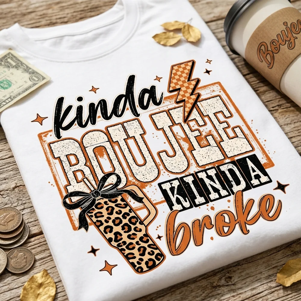 Womens Kinda Boujee Kinda Broke Graphic T Shirts Leopard Tumbler Bow Lightning Print Casual Short Sleeve Crew Neck Top