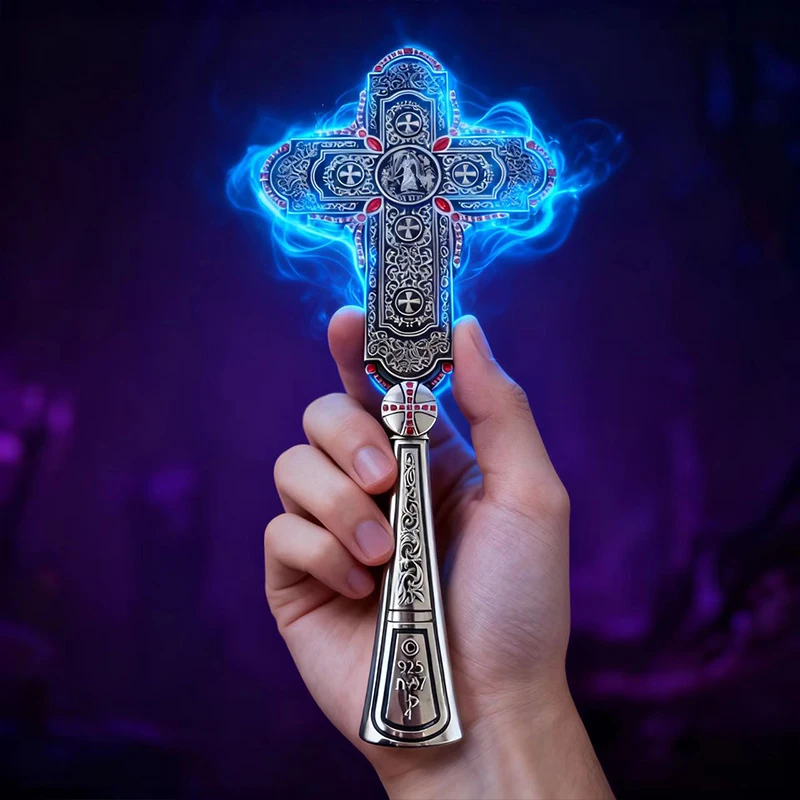 Vintage Engraved Silver Tone Handheld Orthodox Blessing Cross Inlaid Red Gemstone Ornate Carved Religious Hand Cross
