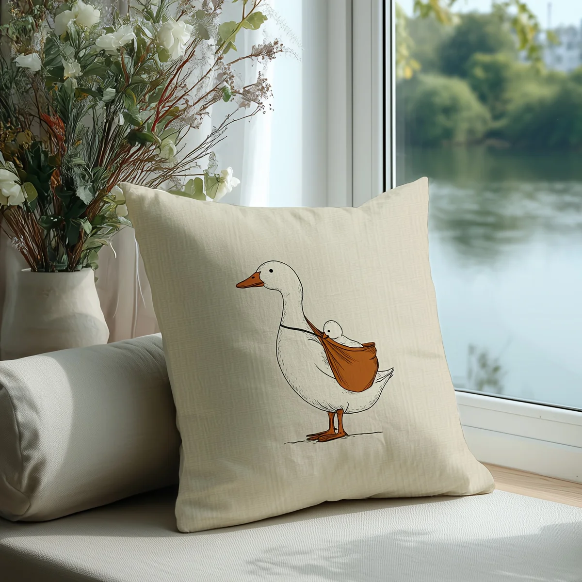 Cute Mama Duck with Baby Duckling Throw Pillow Cover Funny Cartoon Animal Print Decorative Cushion Case for Home Decor